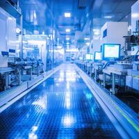 Clean-room environment in a microchip production under blue light photo