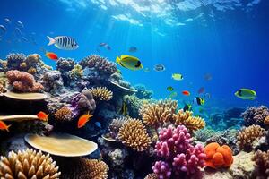 Enchanting underwater scene of a vibrant, multi-colored coral reef teeming with diverse fish photo