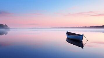 Peaceful dawn over a calm lake with a solitary rowing boat in the distance photo