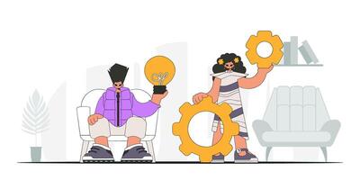 Attractive team solves problems and generates ideas. Light bulb and gears in their hands. Illustration on the theme of the appearance of an idea. vector