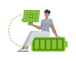A man sits on a battery and holds a solar panel in his hands. Eco energy concept. Isolated on white background. trendy style. Vector illustration.