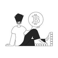 encantador hombre participación un bitcoin moneda. lineal periódico negro y blanco estilo. vector