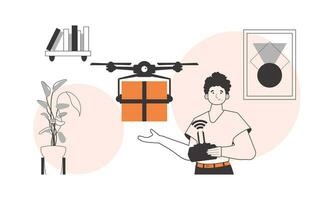 The guy delivers the package by drone. Air delivery concept. Linear modern style. vector