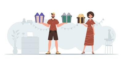 un hombre y un mujer son participación un festivo regalo caja en su manos. Navidad regalo concepto. vector