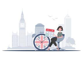 The concept of learning English. Woman holding a calendar with a marked date and a clock. Trendy flat style. illustration. vector