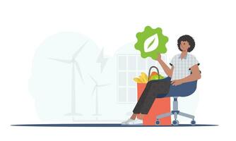 The guy is sitting next to a package with healthy food and holding an EKO icon. Healthy food, ecology, recycling and zero waste concept. Trend style, vector illustration.