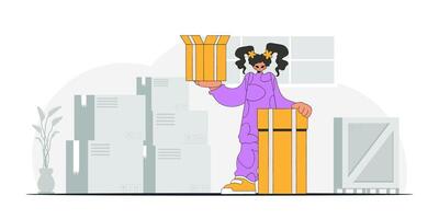 Charming woman is holding boxes. An art piece showcasing the conveyance of parcels and goods vector