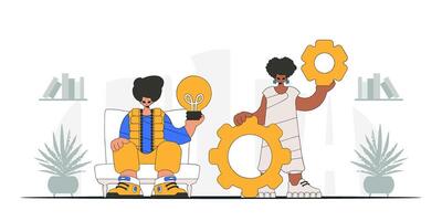 Attractive guy and girl solve problems and generate ideas. Light bulb and gears in their hands. Idea concept. trendy character. vector