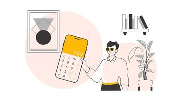 A man holds a calculator. Linear trendy style. Vector illustration.