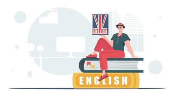 The concept of learning English. A man sits on books and holds an English dictionary in his hands. Trendy cartoon style. Vector. vector