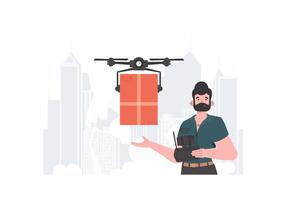 un hombre control S un quadcopter con un paquete. entrega tema. de moda estilo. vector. vector