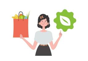The woman is shown waist-deep and holding a bag of healthy food in her hands and showing the EKO icon. Isolated on white background. Flat trendy style. Vector. vector