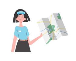 Girl delivery operator with a map in her hands. The character is depicted to the waist. Isolated on white background. Vector illustration.