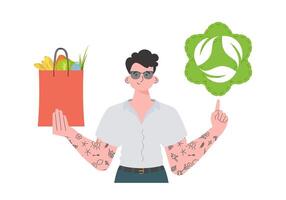 The guy is shown waist-deep and holds a package with healthy food in his hands and shows an icon. Isolated. Trend style, vector illustration.