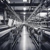 Modern textile factory with automated looms weaving patterns photo