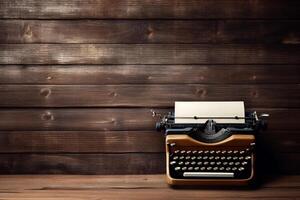 Vintage typewriter on rustic wooden background photo
