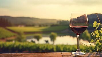 Close-up of Glass of Red Wine Reflecting Vineyard Landscape Offering Serene Ambiance AI Generative photo