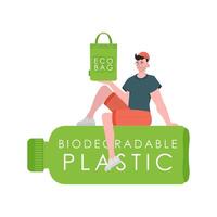 A man sits on a bottle made of biodegradable plastic and holds an ECO BAG in his hands. Concept of green world and ecology. Isolated on white background. Trend style.Vector illustration. vector