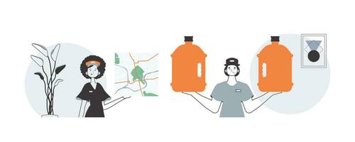 Water delivery concept. A girl and a guy deliver water on demand. Lineart style. vector