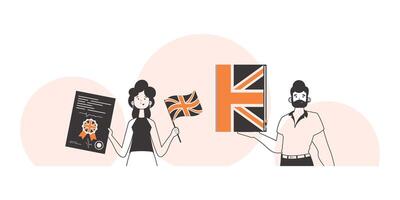 Girl and guy helps teaches English. The concept of learning a foreign language. Lineart style. vector