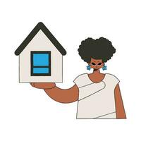 Real estate realtor girl holding a house in her hands. Investment in real estate. vector