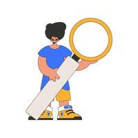 The man is holding a magnifying glass. Search for the necessary information on the Internet. Linear retro style character. vector