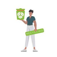 el chico es representado en lleno crecimiento y sostiene un urna en su manos. el concepto de reciclaje y cero desperdiciar. aislado. de moda personaje estilo. vetcor. vector