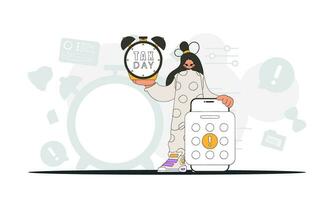 elegante mujer con calendario y alarma reloj. un ilustración demostrando el importancia de pago impuestos para económico desarrollo. vector