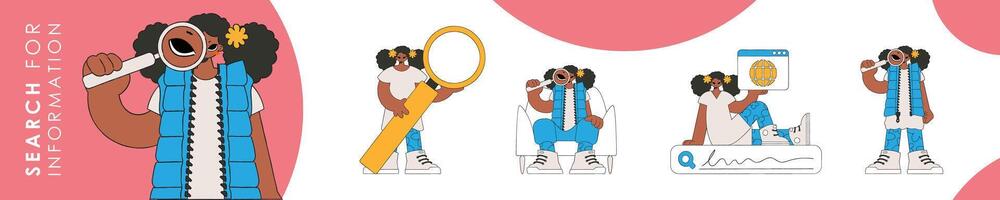 Set of character illustration for information search theme. Collection of scenes with a woman holding a magnifying glass and looking for information. Retro style character. vector