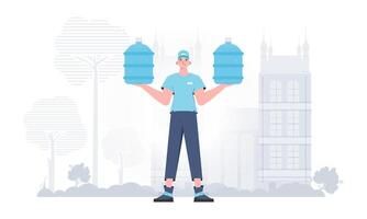 A man is holding a bottle of water. Delivery concept. The character is depicted in full growth. . vector