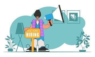 Concept Attraction and search of personnel. Guy with a megaphone. labor market. vector