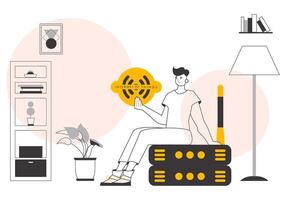 The guy holds the internet of things logo in his hands. Linear style. . vector