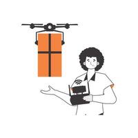 A man delivers a package by drone. The concept of cargo delivery by air. Minimalistic linear style. Isolated on white background. Vector illustration.