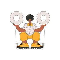 Attractive Guy holds gears in his hands. Idea theme. vector
