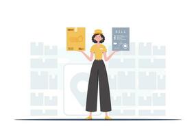 hogar productos comida entrega. un mujer mensajero es participación un caja y un controlar. de moda estilo. vector. vector