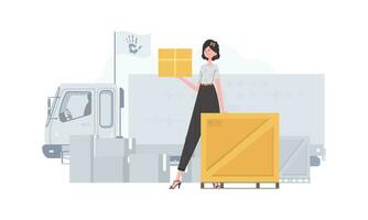 The woman is holding a parcel. The concept of humanitarian aid. trendy style. Vector illustration.