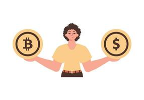 The guy holds a coin of bitcoin and dollar in his hands. Character in modern trendy style. vector