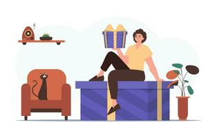Holiday greetings concept. The guy is holding a festive gift box. vector