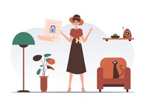 Data protection concept. Smart contract. A woman is holding a contract or document. Modern style character. vector