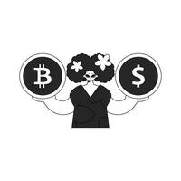 A unique woman holds a bitcoin and dollar coin in her hands. Newspaper black and white style. vector