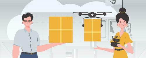 Humanitarian aid concept. The quadcopter is transporting the parcel. Man and woman with cardboard boxes. Flat modern design. Vector. vector