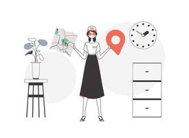 A woman with a map in her hands. Delivery concept. Linear style. vector