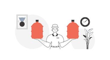 A man holds a bottle of water in his hands. Water delivery concept. Linear modern style. vector