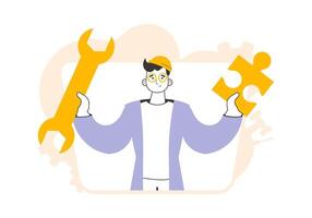 The guy is holding a wrench and a puzzle. Teamwork theme. Linear style. vector