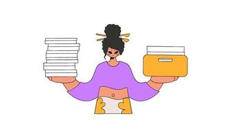 A neat girl holds a stack of documents in her hands. vector