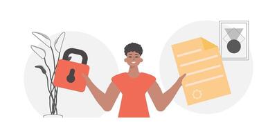 Data protection concept. Smart contract. The guy is holding a contract or document. vector