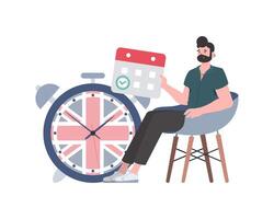 A man, a calendar with a marked date and a clock. The concept of learning English. Isolated. Trendy flat style. Vector illustration.