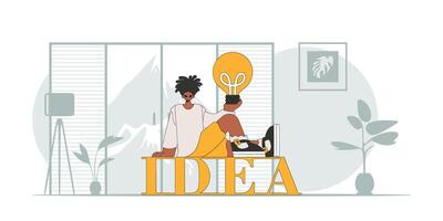 A sophisticated guy holds a light bulb in his hands. Idea concept. trendy character. vector