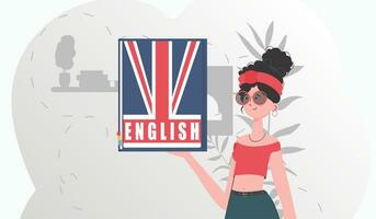 el concepto de aprendizaje inglés. un mujer sostiene un Inglés diccionario en su manos. de moda dibujos animados estilo. vector ilustración.