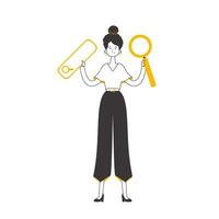 The girl is holding a magnifying glass in her hands. Search concept. Lines modern style. Isolated. Vector illustration.